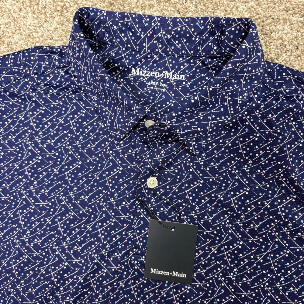 NEW Mizzen+Main Halyard Polo Shirt Mens Large Trim Indigo Confetti Performance